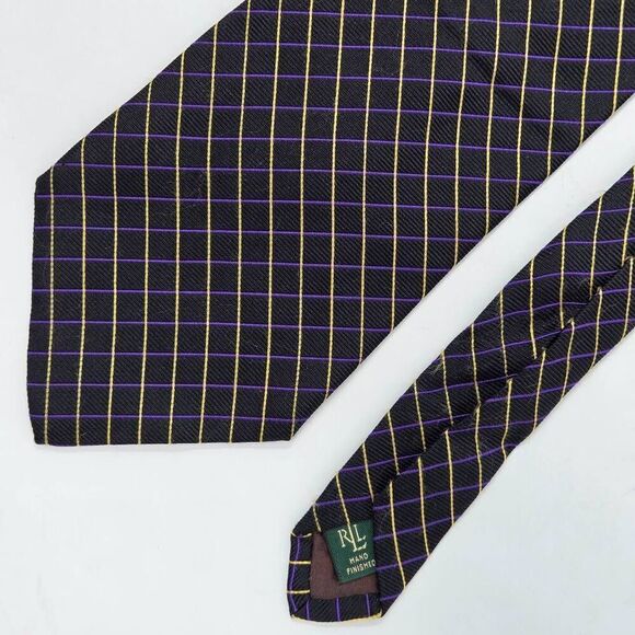 LAUREN RALPH LAUREN LRL SILK TIE BLACK PURPLE YELLOW STRIPE SATIN 4" X 58" - Picture 1 of 3